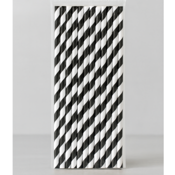 Siyah Çizgili Beyaz Kağıt Pipet 6mmx19,7cm - 100 Adet